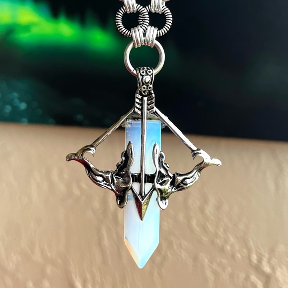 Maille links stainless steel necklace bow & arrow purple opalite stone charm - Picture 10 of 11